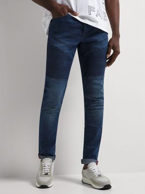 Fabiani Men's Mid Blue Biker Denim Jeans