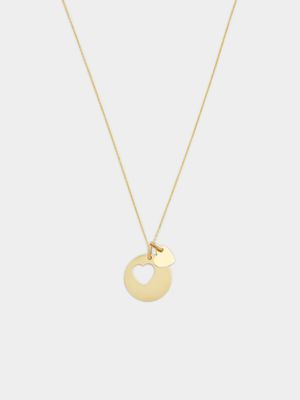 Yellow Gold Double pendant,Round Disc with heart cut-out  and Plain heart on a chain.