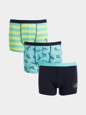 Boy's Navy & Green Dino 3-Pack Trunks