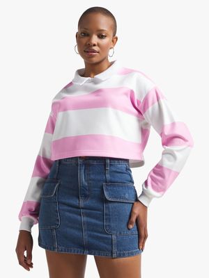 Women's Pink & White Striped Fleece Rugby Jersey