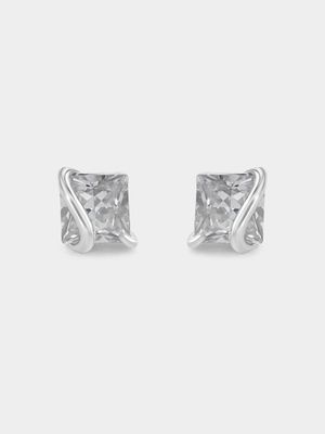 Sterling Silver Cubic Zirconia Princess Flyover Stud Earrings