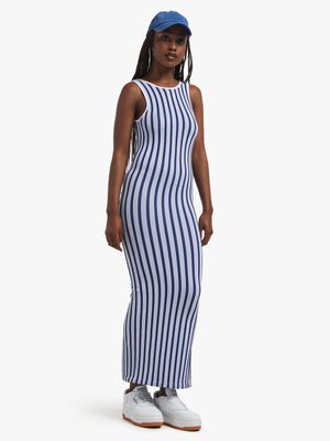 Women's Blue & White Seamless Openback Dress