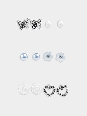 Girl's Silver & Blue 6-Pack Stud Earrings