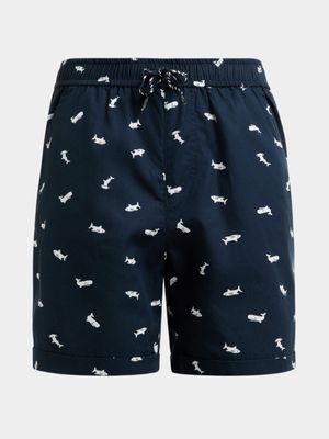 Younger Boy's Navy Shark Print Shorts