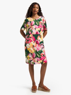 Women's Green  Floral Print T-Shirt Dress