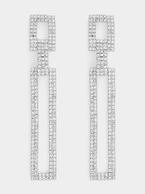 Silver Tone Diamante Square Drop Earrings