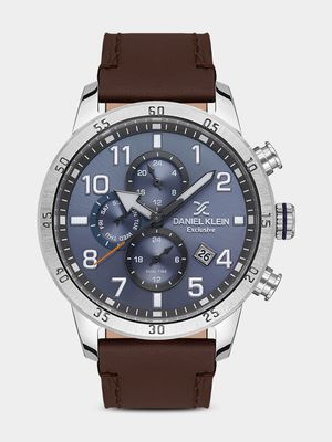 Daniel Klein Silver Plated Blue Dial Brown Leather Chronographic Watch