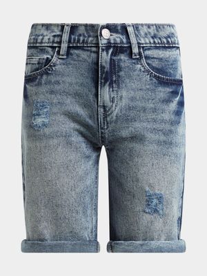 Younger Boy's Mid Wash Ripped Denim Shorts