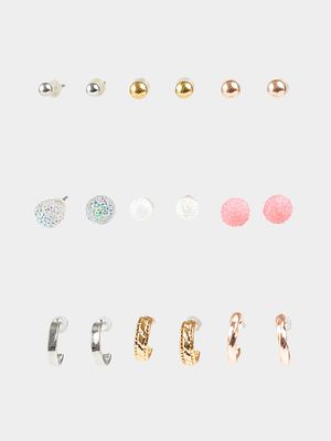 Girl's Pink & Gold 9-Pack Stud & Hoop Earrings