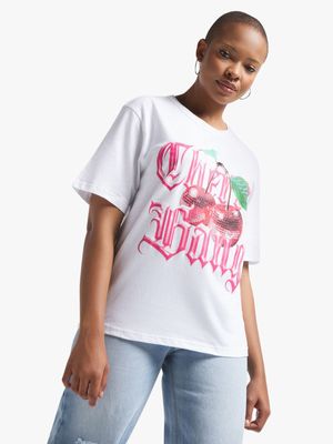 Women's White Cherry Bang Graphic Top