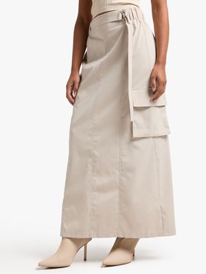 Women's Stone Cargo Maxi Skirt With Belt