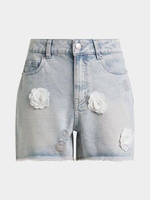 Jet Younger Girls Light Wash 3D Flower Denim Shorts