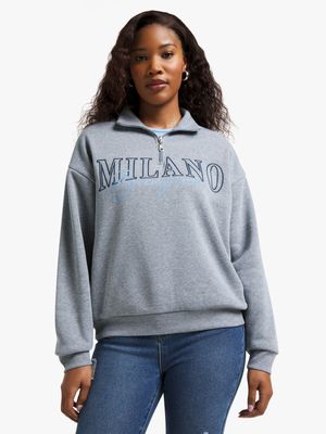 Women's Grey Quarter Zip Graphic Sweat Top