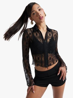 Women's Black Co-Ord Lace Double Zip Top