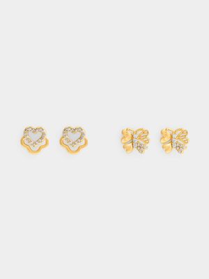 2-Pack Heart Wing Butterfly & CZ Heart Stud Set