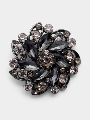 Ladies Flower Crystal Black Brooch