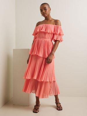 Women's Iconography Tiered Pleated Off The Shoulder Chiffon Dress