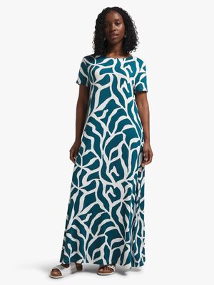 Women's Teal & White Print Maxi T-Shirt Dress