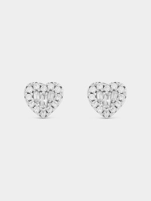 Sterling Silver Cubic Zirconia Baguette Heart Stud Earrings