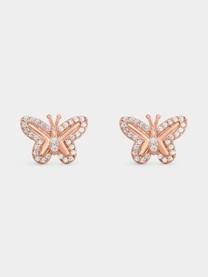 Rose Plated Sterling Silver Cubic Zirconia Butterfly Stud Earrings