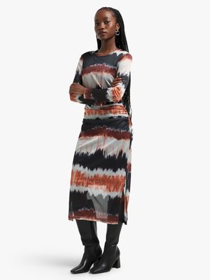 Women's Black & Orange Tie Dye Ruched Bodycon Dress