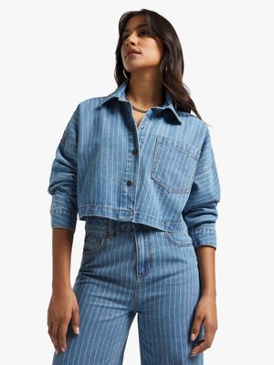 Women's Light Wash Denim Pinstripe Cropped Shirt