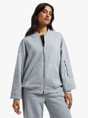 Women's Grey Fleece Bomber Top