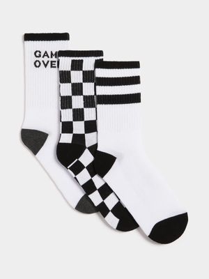 Jet Older Boys White/Black 3 Pack Gaming Sport Socks