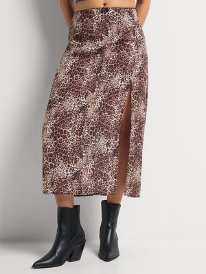 Y&G Georgette Side Slit Leopard Midi Skirt