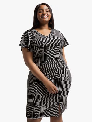 Jet Women's Black/Stone Striped Flutter Sleeve Dress