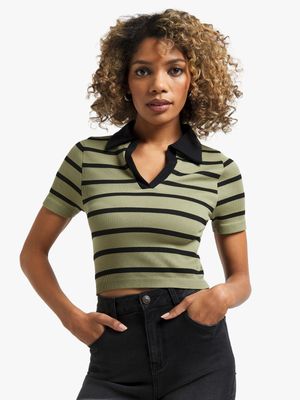 Women's Black & Green Johnny Collar Seamless Top