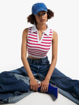 Women's Red & White Stripe Johnny Collar Top