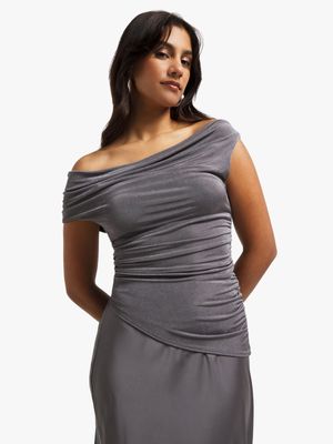 Women's Grey Co-Ord Drape Neck Top