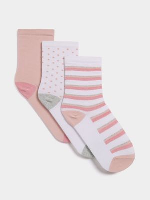 Women's 3-Pack Pink & White Anklet Socks