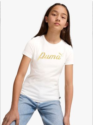 Girls Puma Ess+ Script Metallic White/Gold Tee