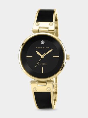 Anne Klein Diamond Accented Black & Gold Tone Bangle Watch