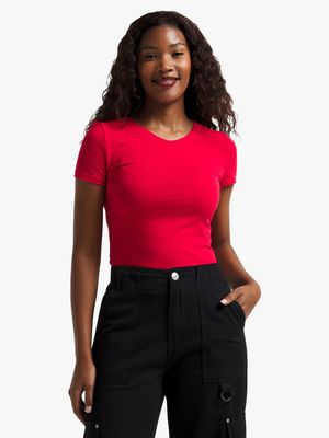 Jet Women's Red Vneck Casual Knit Top