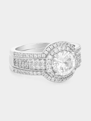 Sterling Silver Cubic Zirconia Round Halo Triple Set Ring