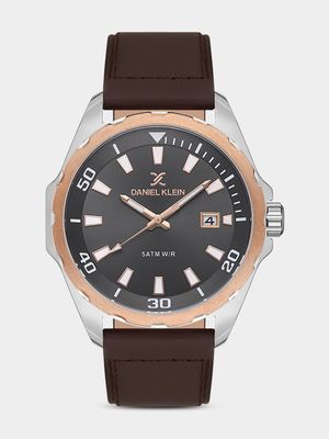 Daniel Klein Rose Plated Black Dial Brown Leather Watch