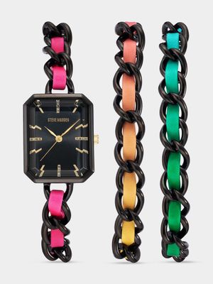 Steve Madden Women's Black Plated Bracelet Chain Watch & Black Chain Vegan Leather Bracelet Set