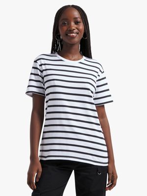 Jet Women's Regular White & Black Striped Tee