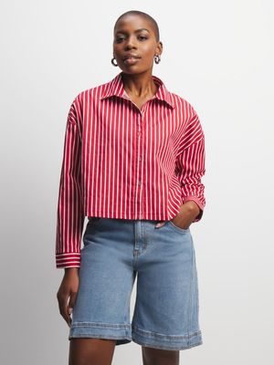 Jet Women's Red/White Cropped Poplin Shirt