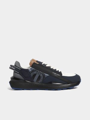 Fabiani Men's Blue Leather Mesh Logo Runner Sneaker