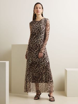 Women's Iconography Long Sleeve Leopard Mesh Maxi Dress