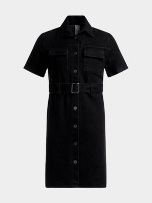 Jet Younger Girls Black Belted Denim Dress