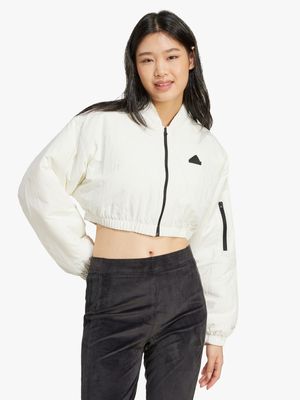 Womens adidas City Escape White Cropped Bomber Jacket