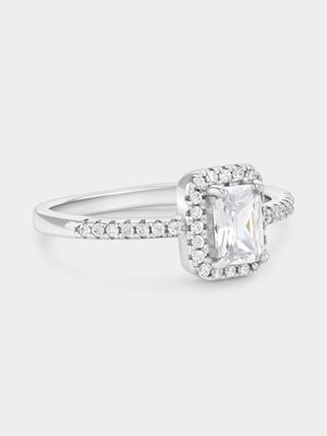 Sterling Silver Cubic Zirconia Emerald-Cut Halo Ring