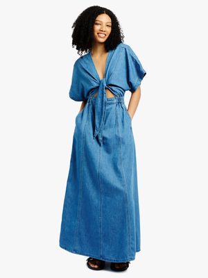 Women Me&B Blue Tie Front Lucy Mid Denim Dress