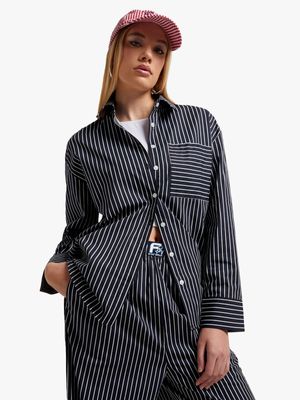 Women's Navy & White Striped Co-Ord Shirt