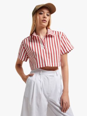 Women's Red & White Striped Boxy Shirt